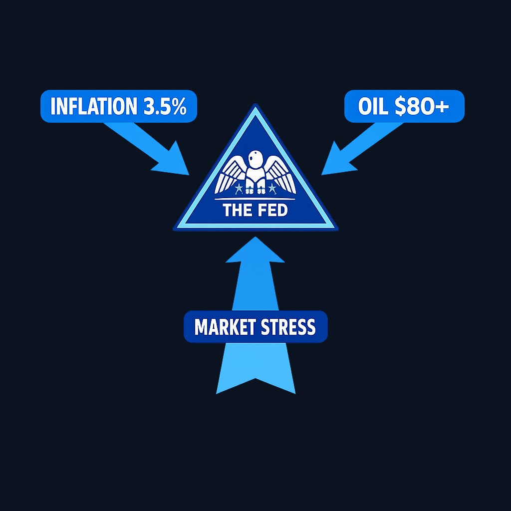 Three forces creating decision tension: cooling inflation (downward pressure on rates), elevated oil prices (upward pressure), and market stress (caution). The Fed must balance all three.