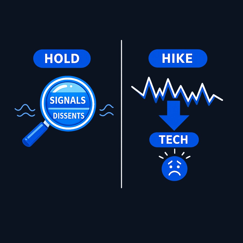 Two scenarios: a hold (expected) means watch the signals and dissents for clues about September; a hike (surprise) would trigger immediate market turbulence, especially in rate-sensitive tech stocks.