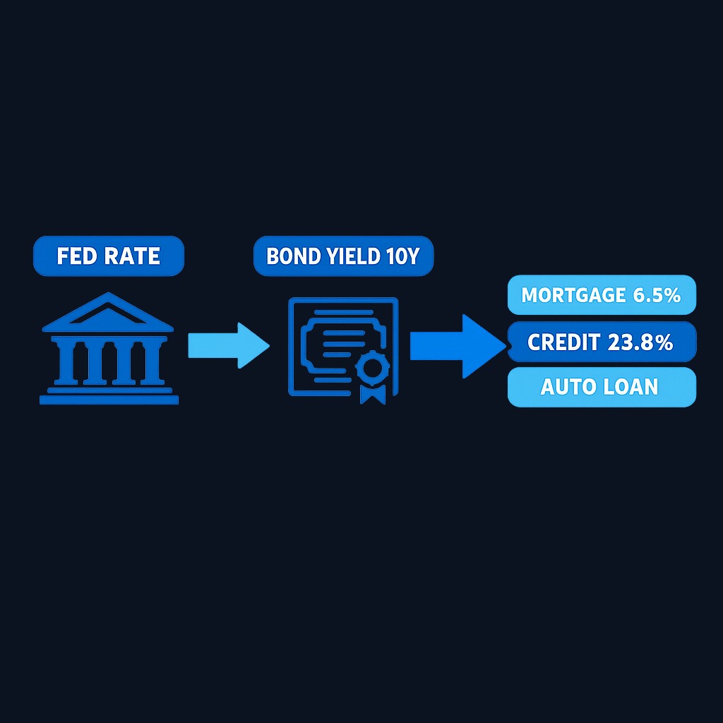 The rate transmission chain: Fed sets the policy rate → bond markets respond (10-year yield) → consumer rates adjust (mortgages ~6.5%, credit cards ~23.8%, auto loans). Bond yields can move independently of Fed action.