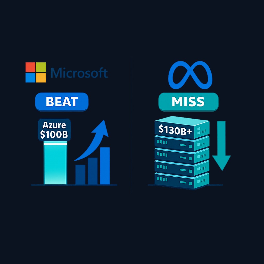 Microsoft's proven cloud revenue (Azure crossing $100B annually) earned investor approval, while Meta's ongoing infrastructure buildout without proportional profit growth faced skepticism—illustrating how markets now grade AI investments on delivery, not just ambition.