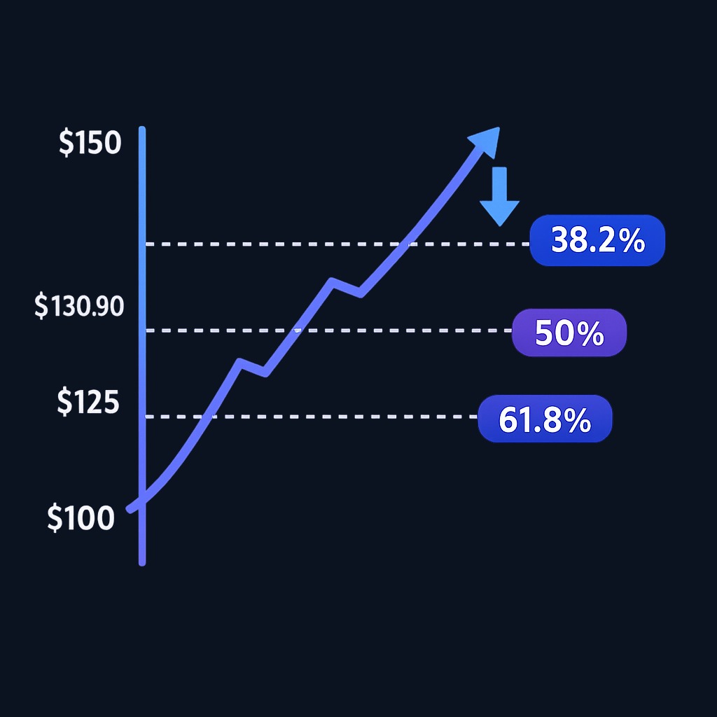 Example: A stock rallies from $100 to $150. The 38.2% retracement is $130.90, the 50% level is $125, and the 61.8% level is $119.10. Traders watch price behavior at these levels during the pullback.