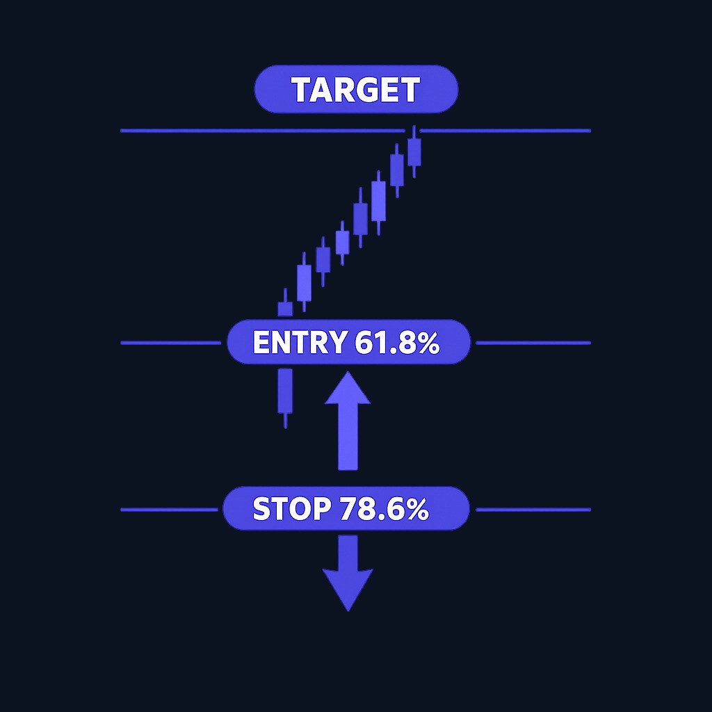Entry and risk management using Fibonacci levels: A trader enters long at the 61.8% retracement, places a stop-loss just below the 78.6% level, and targets the prior swing high. This setup keeps potential loss smaller than potential gain.