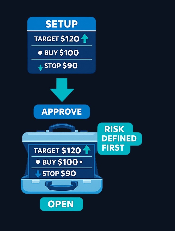 Risk-first by design means every bot setup includes a preset stop-loss that defines your maximum loss before you even consider the entry. The stop, target, and entry are visible together on every setup card, so you know what you're risking and what you're aiming for
