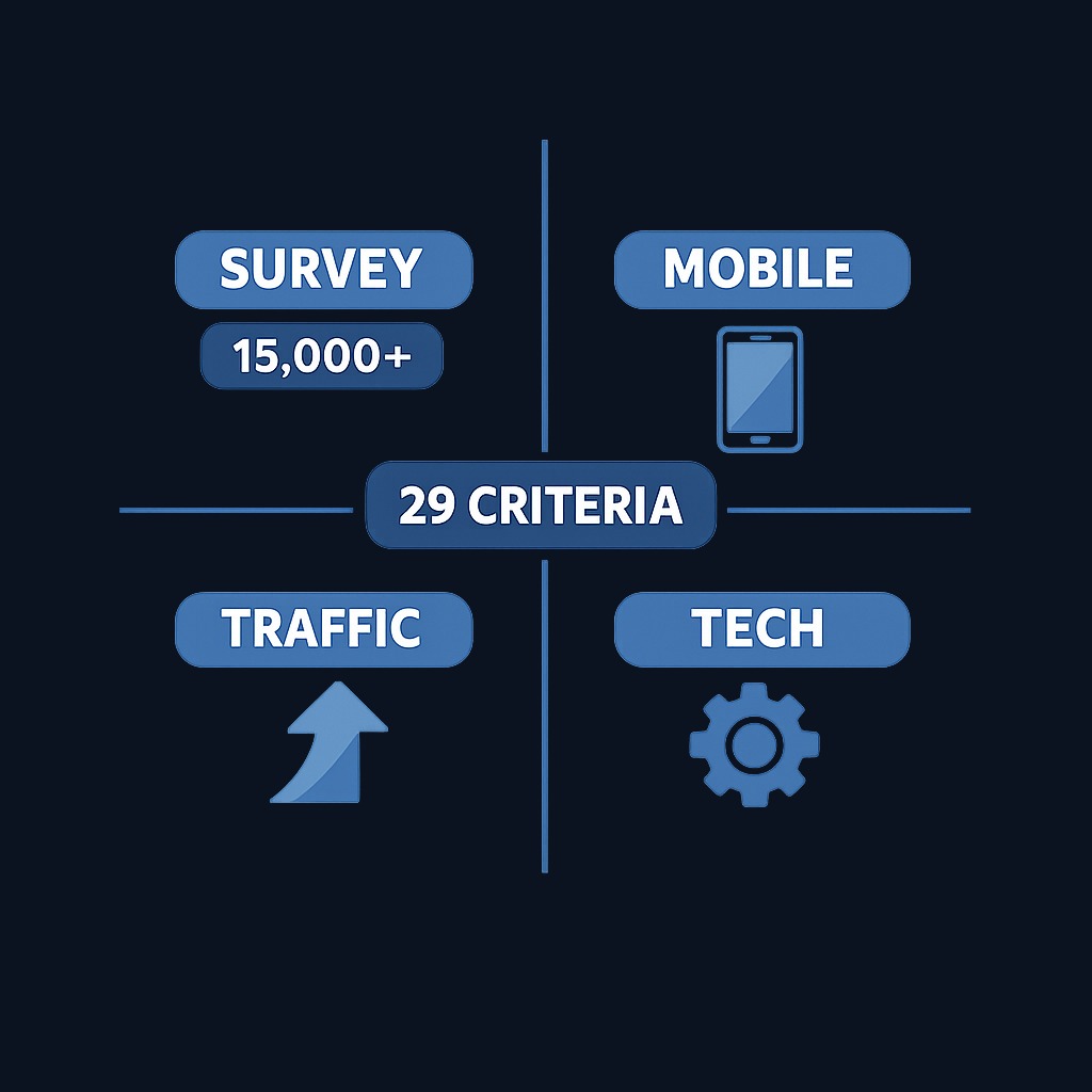 The evaluation combined four core dimensions: user survey feedback (15,000+ reviews), mobile usability testing, traffic growth analysis, and technical performance metrics — totaling 29 criteria across objective and subjective measures.