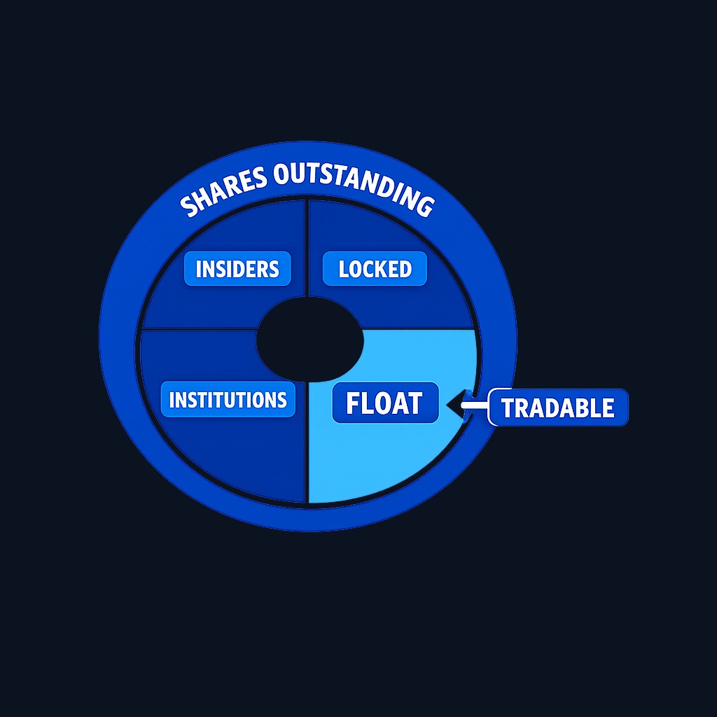 Shares outstanding includes all issued shares (insiders, institutions, and public), while float represents only the subset available for public trading.