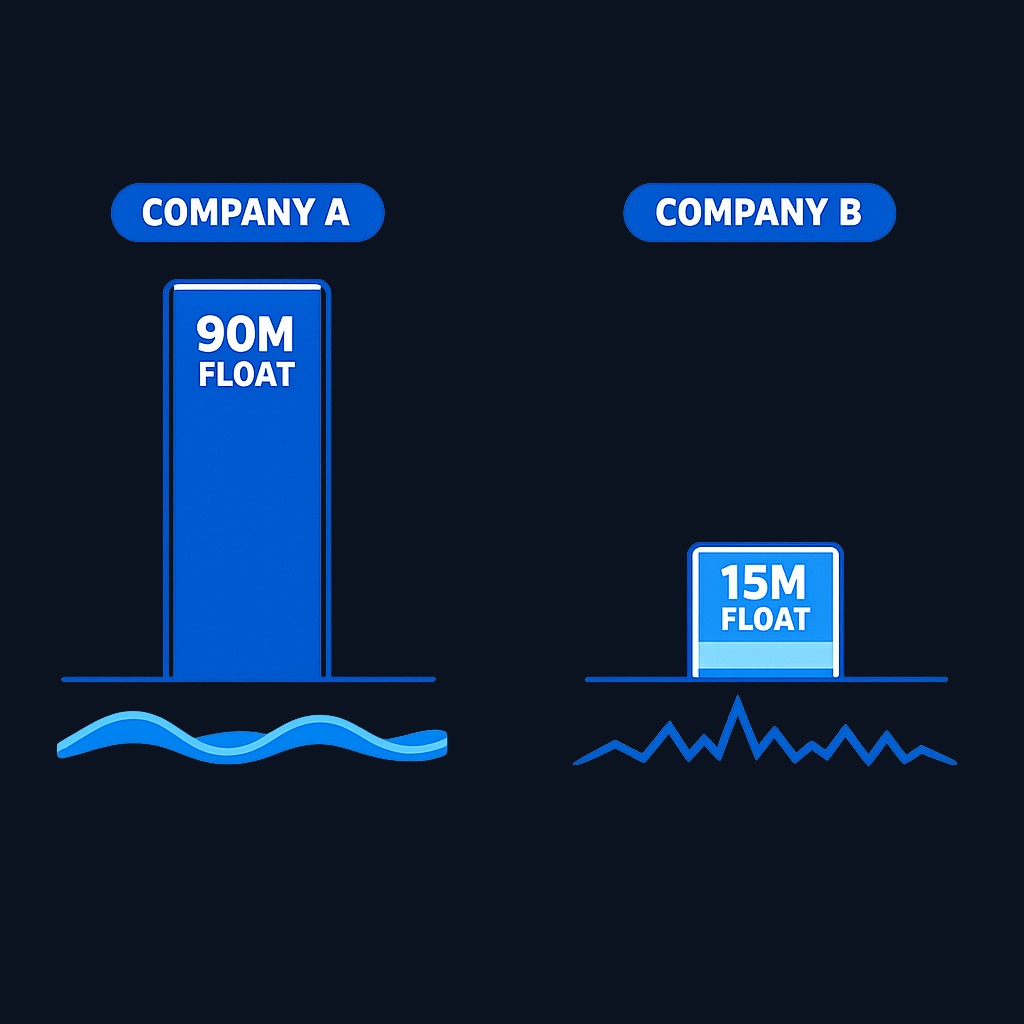 Two companies with 100M shares outstanding each: Company A with 90% float (90M tradable) shows wide, stable price movement; Company B with 15% float (15M tradable) shows narrow, volatile price swings.
