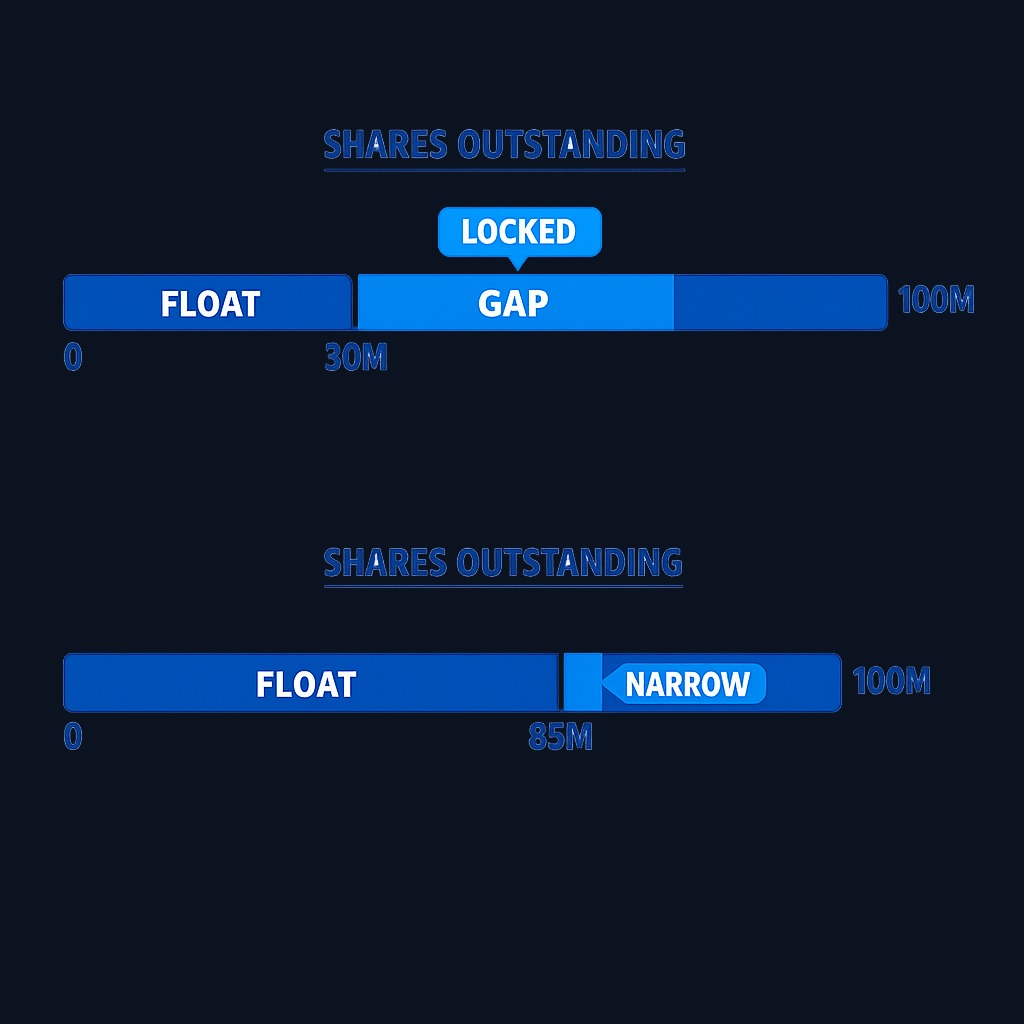 The gap between shares outstanding and float reveals ownership concentration. A wide gap indicates most shares are held by insiders and