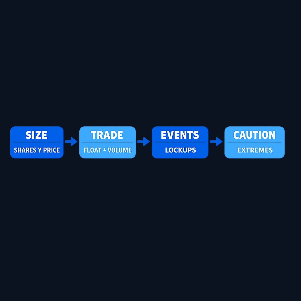 A four-step framework for using both metrics: (1) Calculate market cap with shares outstanding × price to size the company; (2) Check float and daily volume to assess tradability; (3) Identify upcoming supply events like lockup expirations; (4) Use caution with extreme float situations that amplify volatility.