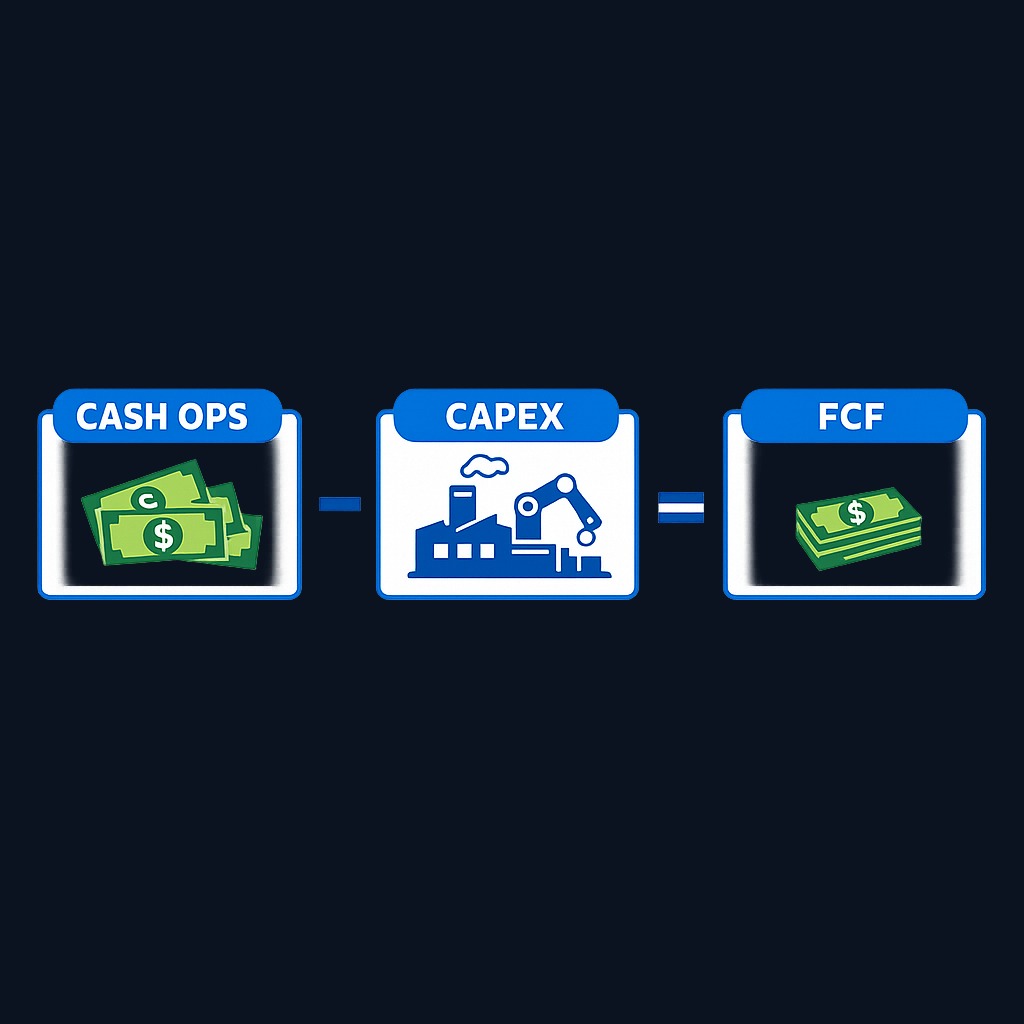 Free cash flow is what remains after a company pays to maintain and grow its operations. Operating cash flow represents all cash from business activities; capital expenditures cover equipment, buildings, and technology investments.