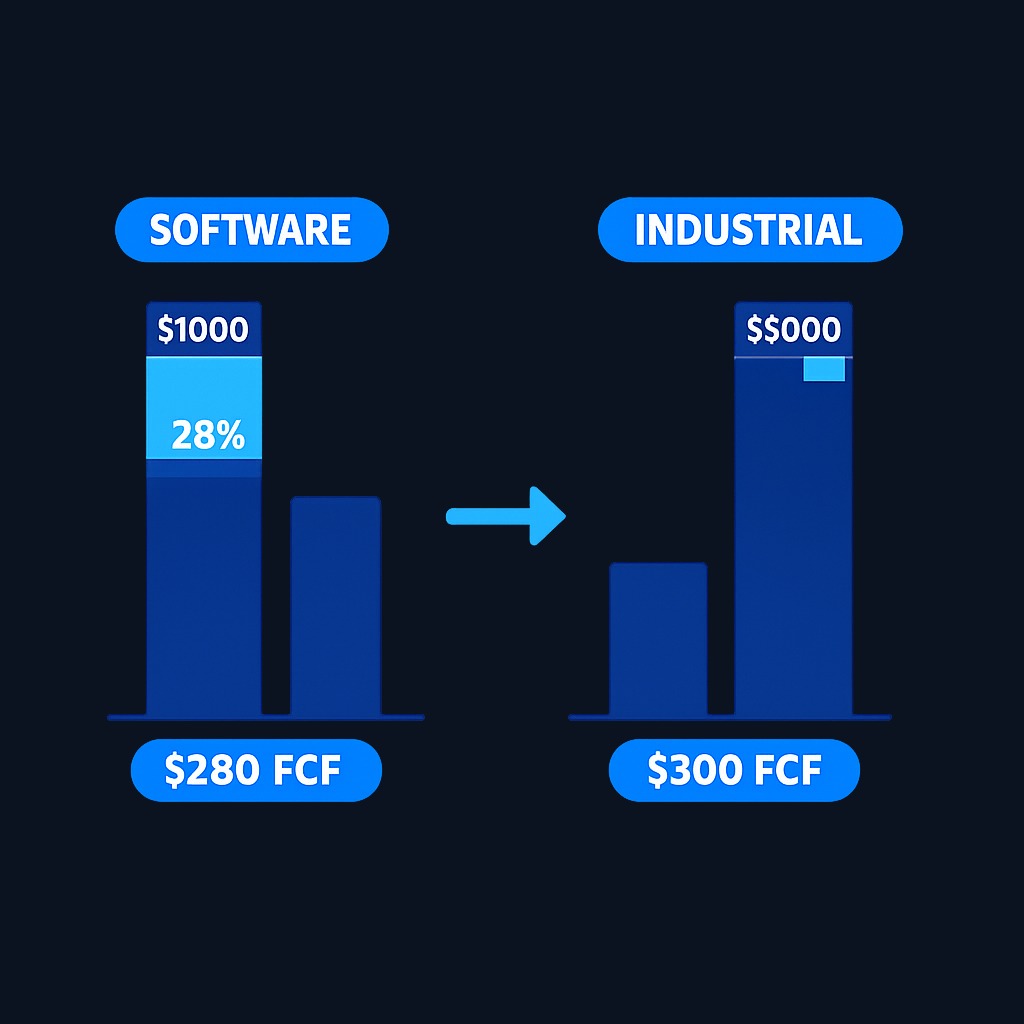 Two companies with identical revenue can produce vastly different free cash flow margins. The software company converts 28% of every sales dollar to free cash, while the industrial company converts only 6%, reflecting higher capital needs and different business economics.