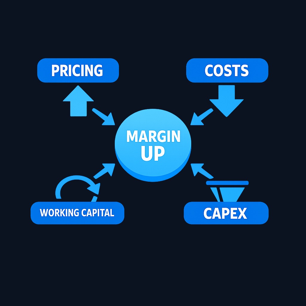 Companies can improve free cash flow margin through four main strategies. Pricing power and cost discipline directly boost operating cash flow. Working capital management (collecting faster, holding less inventory) and disciplined capital spending preserve more of that cash. The sustainability of each lever varies—pricing gains tend to last, while deferred maintenance eventually reverses.