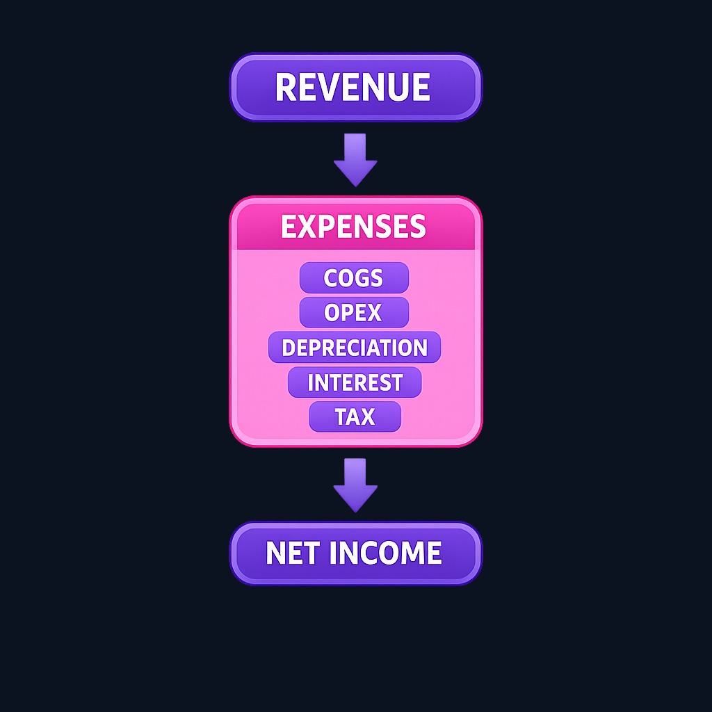 Net income flows from revenue through all recognized expenses—cost of goods, operating costs, depreciation, interest, and taxes—to reach the bottom line, all on an accrual basis.