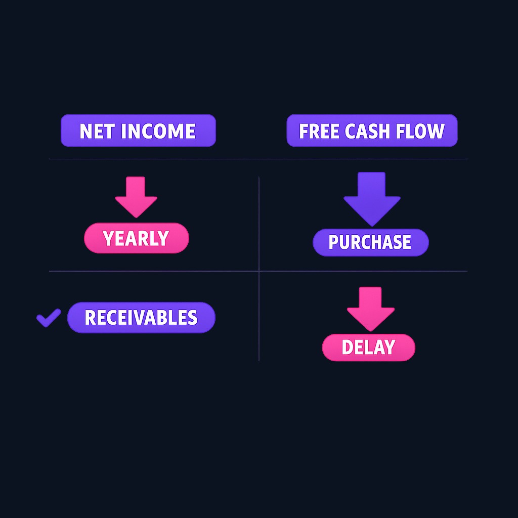 Depreciation reduces net income annually without touching cash, while the original asset purchase hits free cash flow in full at payment. Working capital changes (receivables, inventory) impact free cash flow immediately but leave net income untouched until collection or sale events occur.