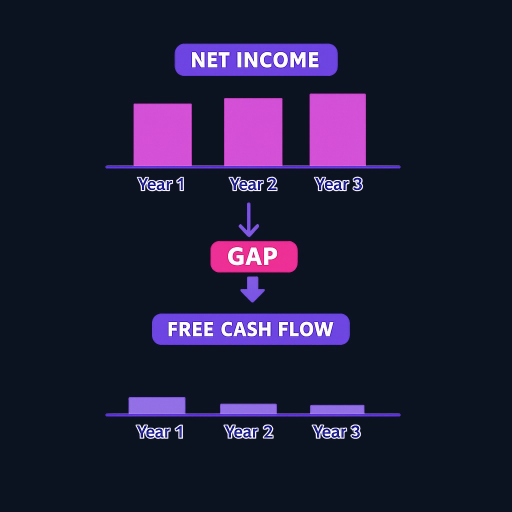 Capital-intensive businesses like manufacturers may report steady net income while free cash flow remains weak, because depreciation on the income statement understates the true ongoing cost of replacing expensive equipment. Long-term owners must live on what the cash flow statement shows.