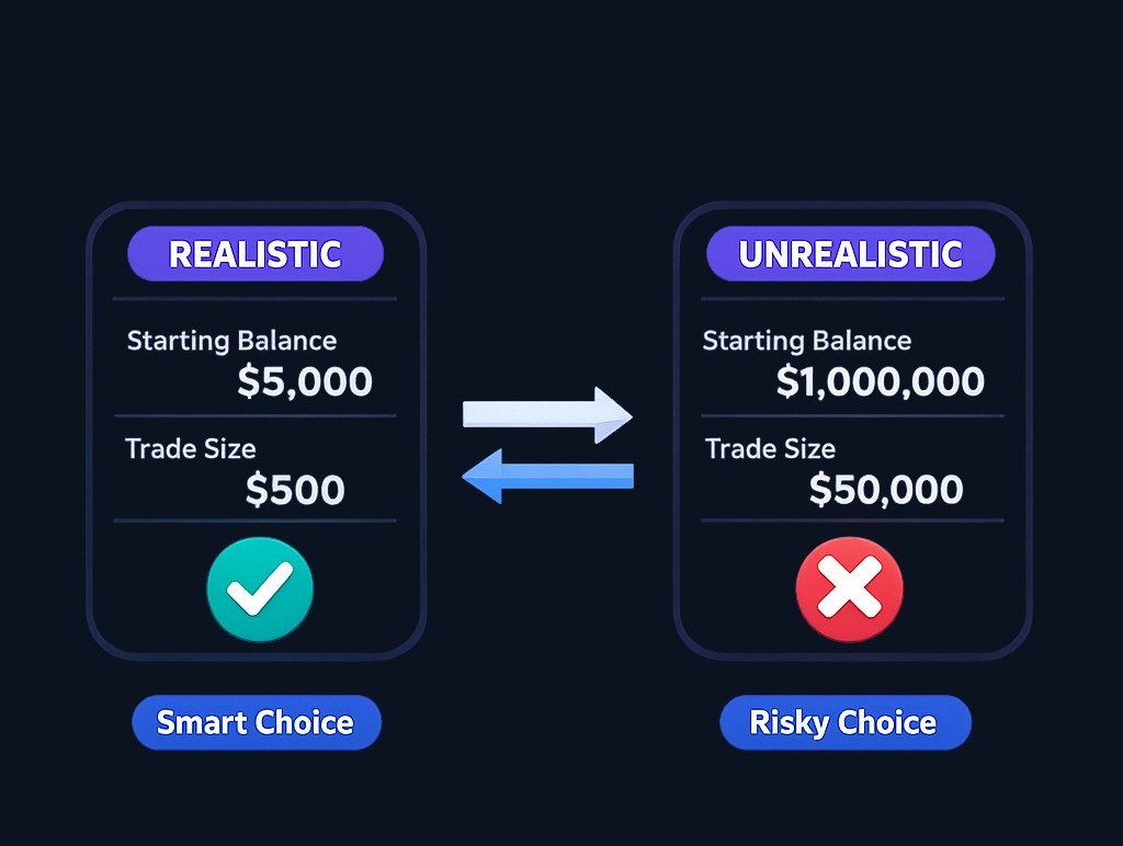 Set your practice account to mirror real conditions. If you'd actually trade with $5,000, start your paper account there—not with an