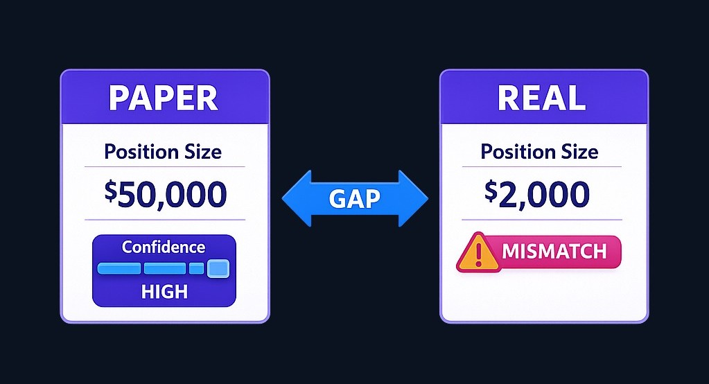 Trading a $50,000 position in your simulator when you'd really risk $2,000 creates a false sense of confidence. Keep your practice size