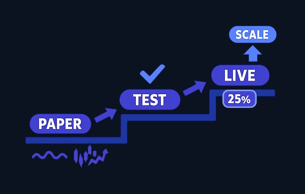 Your transition from paper to live trading should be gradual. First, prove your strategy works across different market conditions. Then go