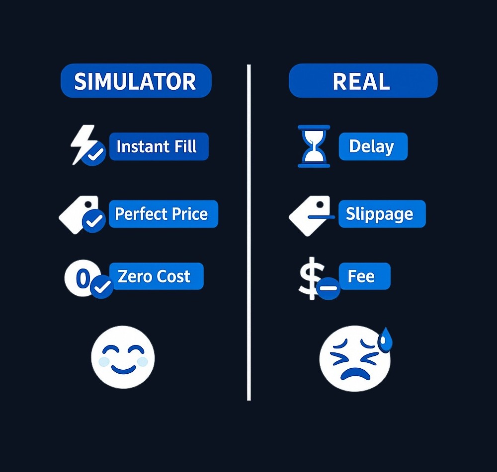 Simulators may not capture the friction of real markets: virtual orders often fill instantly at displayed prices, while real orders face delays, worse fills, costs, liquidity limits, and the emotional pressure of risking money you earned.