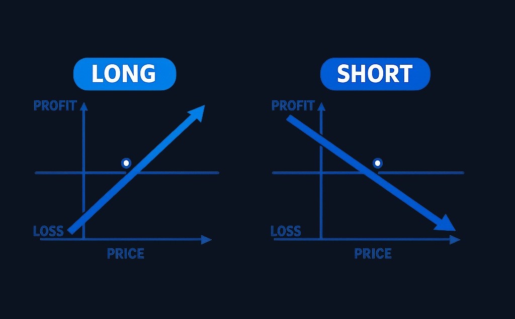 A long futures position gains when the price rises and loses when it falls. A short position moves in the opposite direction. The payoff is