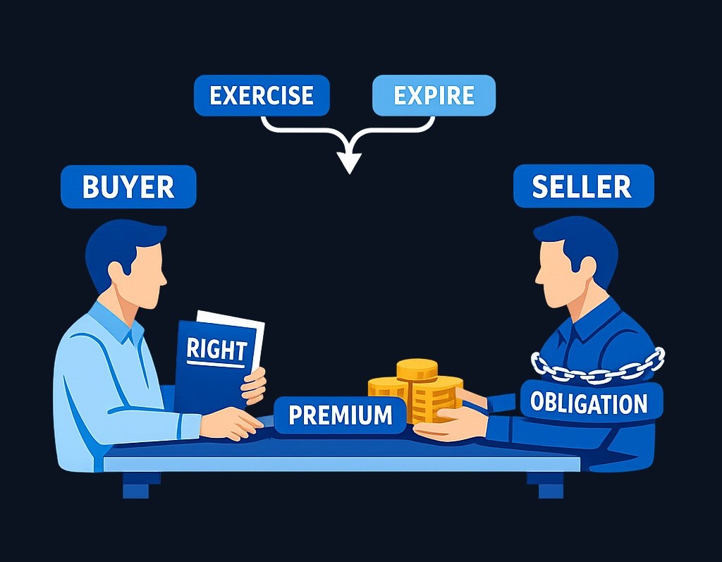 The option buyer pays a premium upfront for the right to exercise or let the contract expire. The seller receives that premium but accepts