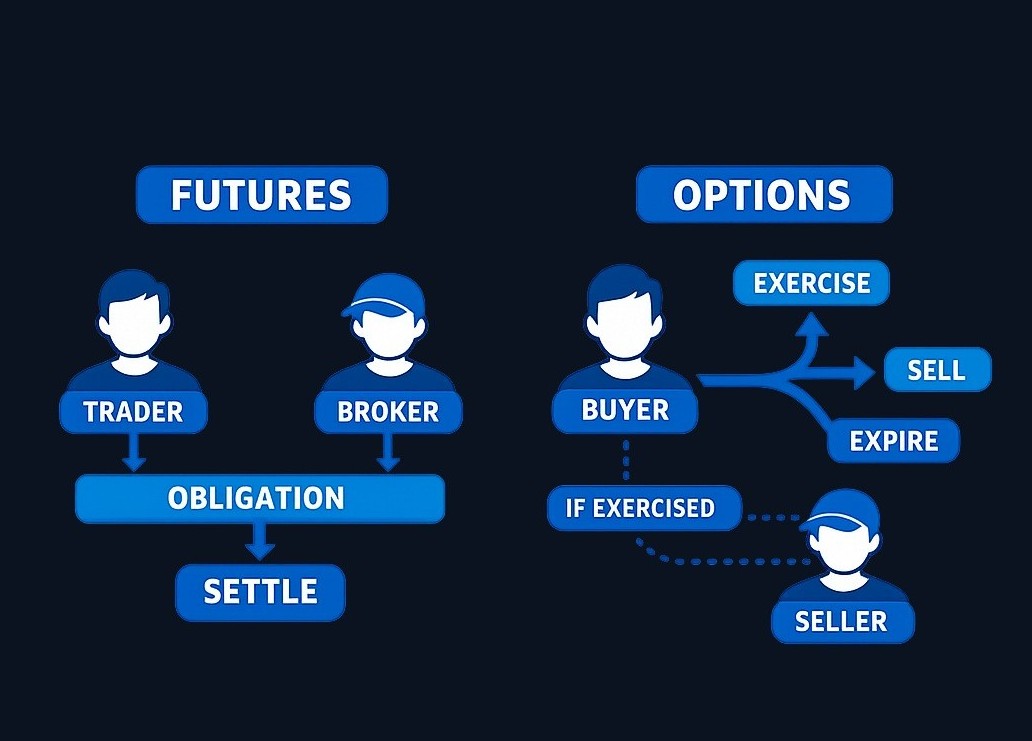 Futures create a two-sided obligation: both buyer and seller must settle at the contract price. An option gives the buyer a choice: exercise,