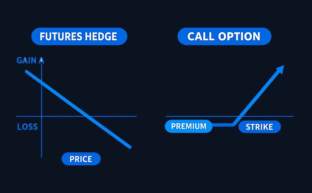 Futures hedge: gains offset price increases but also offset price decreases. Call option: provides protection above the strike but