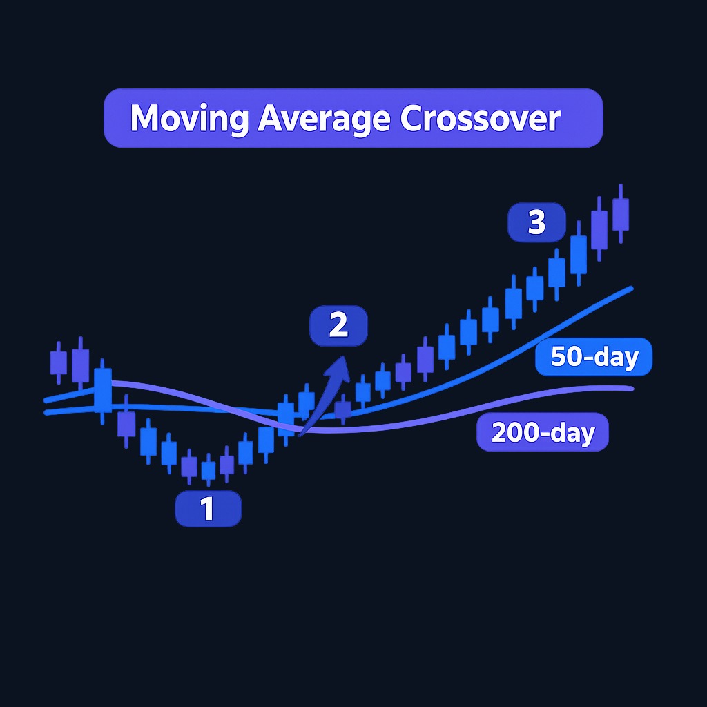 The three phases of a golden cross: (1) price bottoms, (2) the 50-day average crosses above the 200-day, and (3) both averages slope upward and act as support.