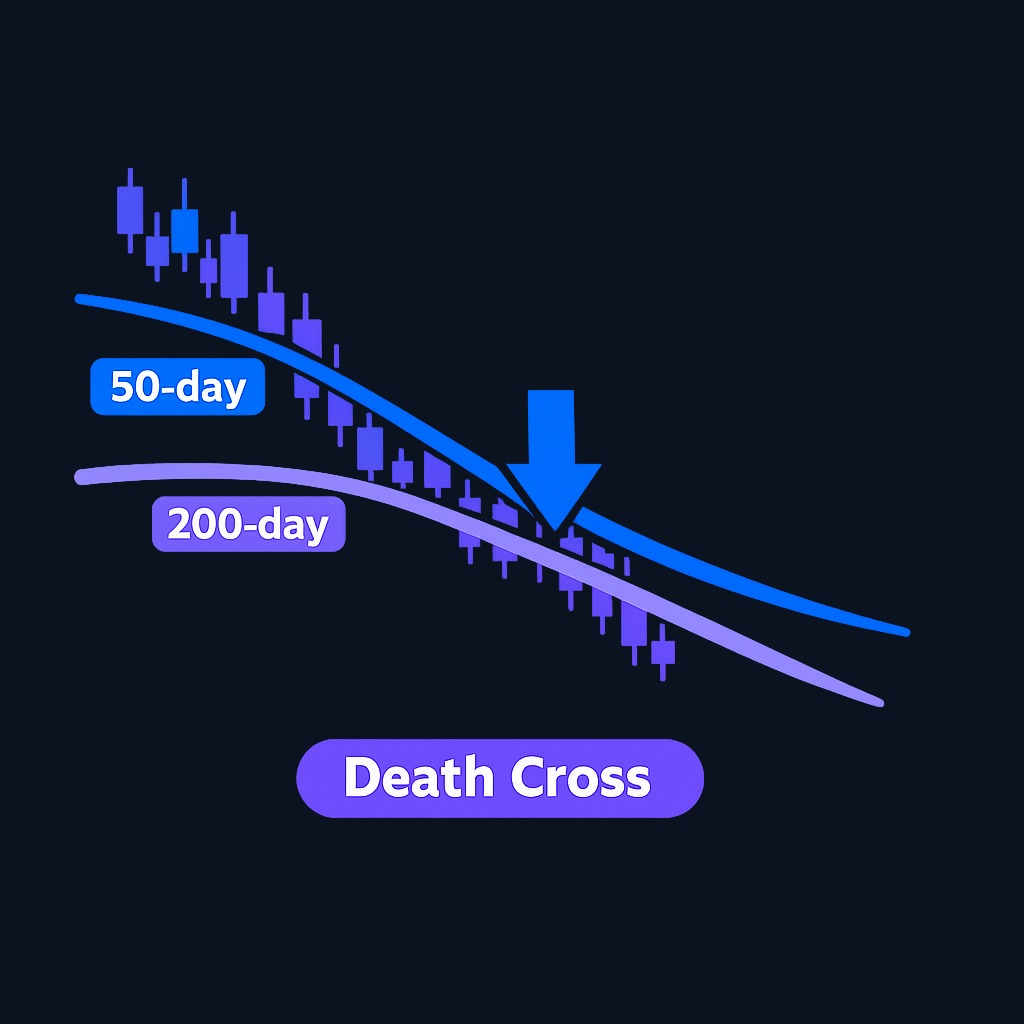 A death cross forms when the 50-day moving average falls below the 200-day, signaling bearish momentum as recent prices consistently fall below the long-term average.