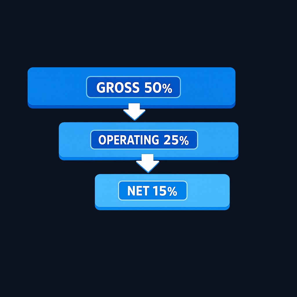 The three margins form a waterfall down the income statement. Gross margin measures product economics. Operating margin adds in overhead. Net margin includes interest and taxes. Gaps between them reveal where profits leak.