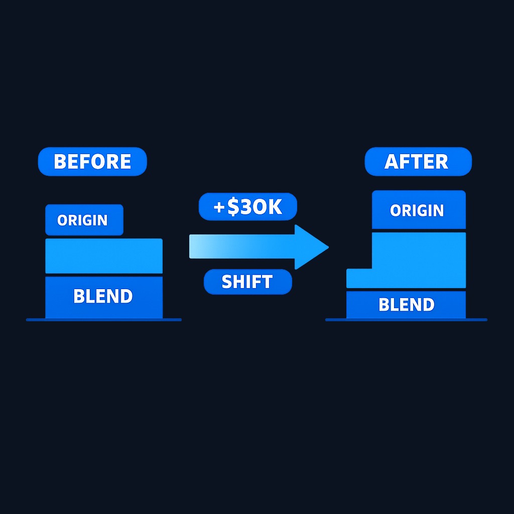 Meridian Roasters sells house blend at 35% margin and single-origin at 50% margin. Shifting 5,000 buyers from blend to single-origin lifts total gross profit by $30,500 without adding a single new customer. Product mix drives margin as powerfully as price.