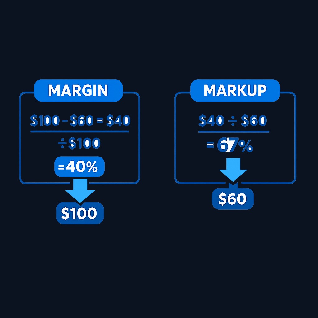 Margin divides profit by revenue; markup divides profit by cost. A $100 sale of a $60 item produces 40% margin but 66.7% markup. Confusing the two leads to pricing errors and misread competitor data.