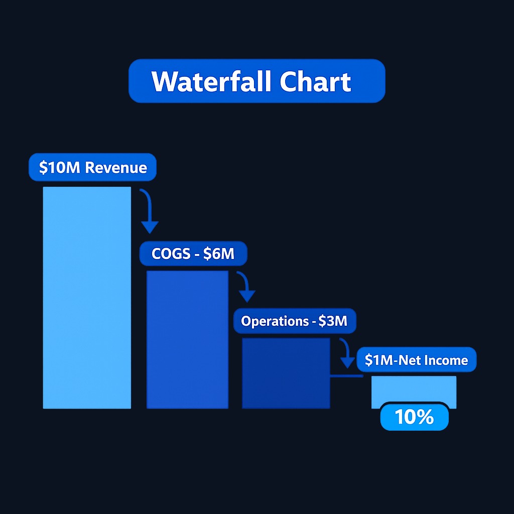Net margin calculation: Net income divided by revenue. Starting from the $4M gross profit, we subtract $3M in operating expenses, interest,