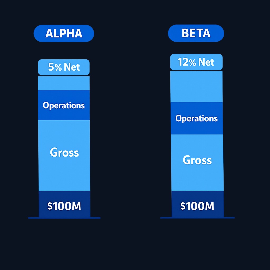 Company Alpha has strong product economics (60% gross margin) but high overhead, resulting in just 5% net margin. Company Beta has