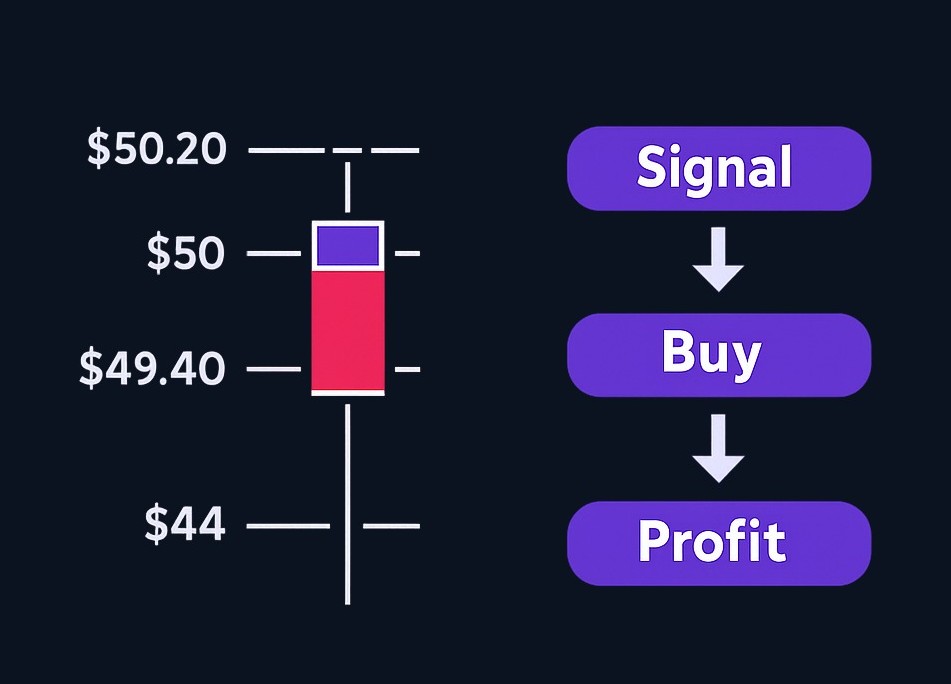 In this example, the stock opens at $50, drops to $44, then recovers to close at $49.40. The lower shadow is roughly nine times the body length—a textbook hammer even though it closed red.