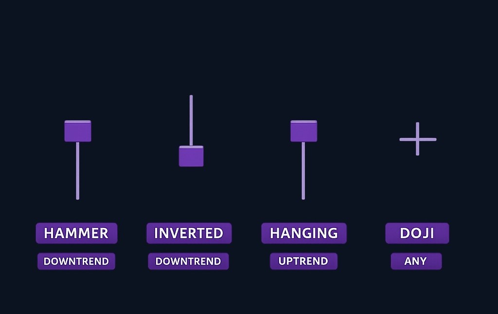 Four patterns that beginners mix up. The hammer and hanging man share a shape but appear in opposite trend contexts. The inverted
