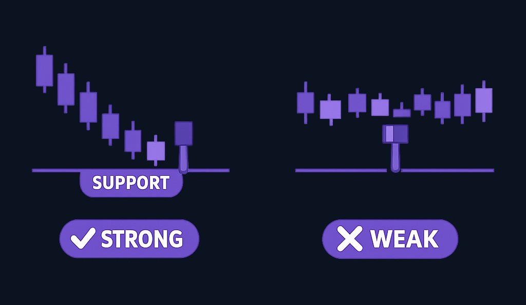 A hammer carries more weight after a sustained decline, at a tested support level, on a higher timeframe, and with strong volume. In