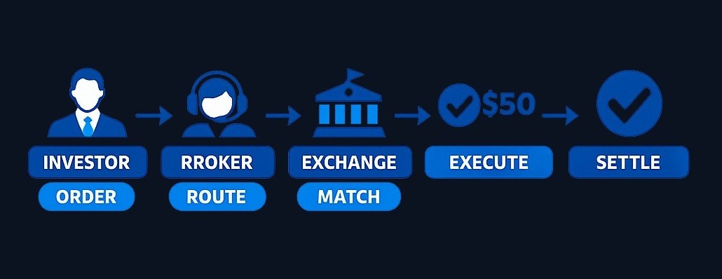 The path of a stock trade: an investor submits an order through a broker, which routes it to a trading venue where it meets compatible interest, executes, and settles. Each step involves different market participants working together to complete the transaction.