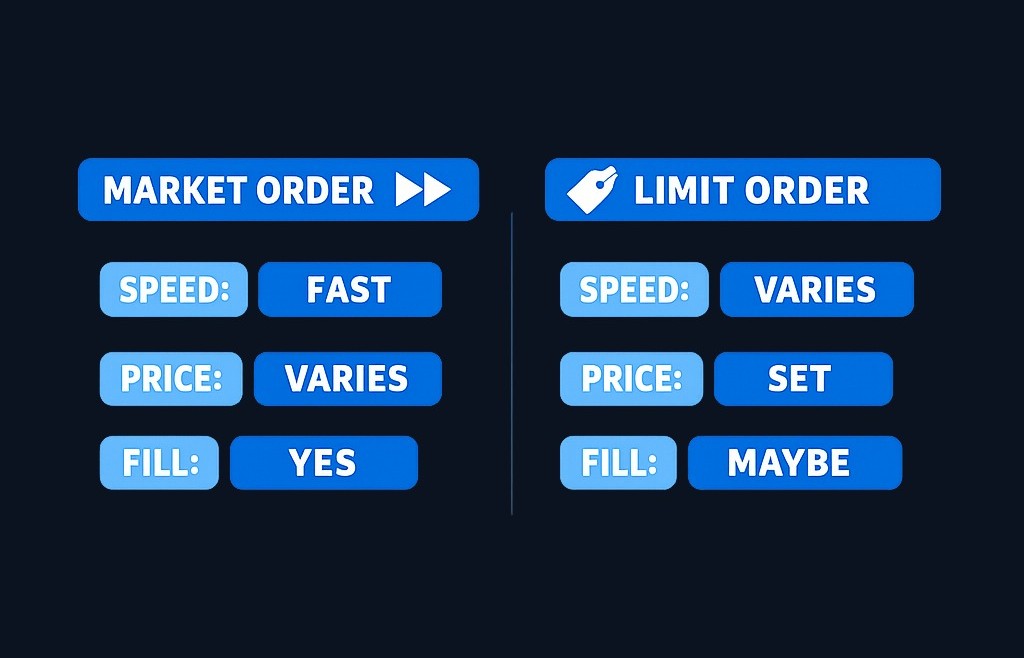 Market orders prioritize execution speed and certainty of the trade happening, while limit orders prioritize price control by setting a maximum buy price or minimum sell price. The choice depends on whether getting the trade done or controlling the price matters more.