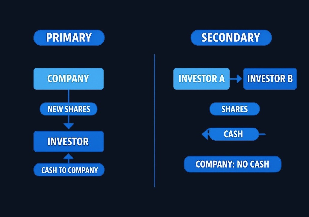 In the primary market, companies issue new shares and receive capital from investors. In the secondary market, existing shares trade
