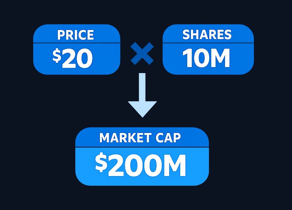 Market capitalization is calculated by multiplying share price by total shares outstanding. For example, a company with 10 million shares