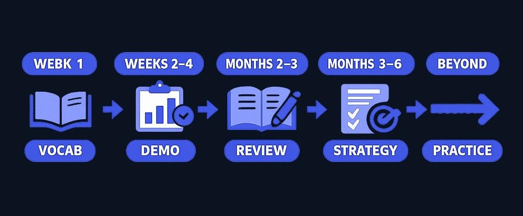 The trading learning curve: most beginners move quickly through vocabulary, then spend months building judgment and consistency.