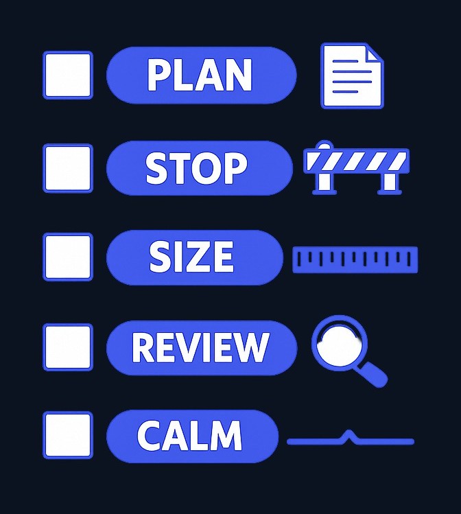 Before trading real money, check each skill: Can you explain your plan? Do you use stops? Can you review trades? Each 'no' tells you