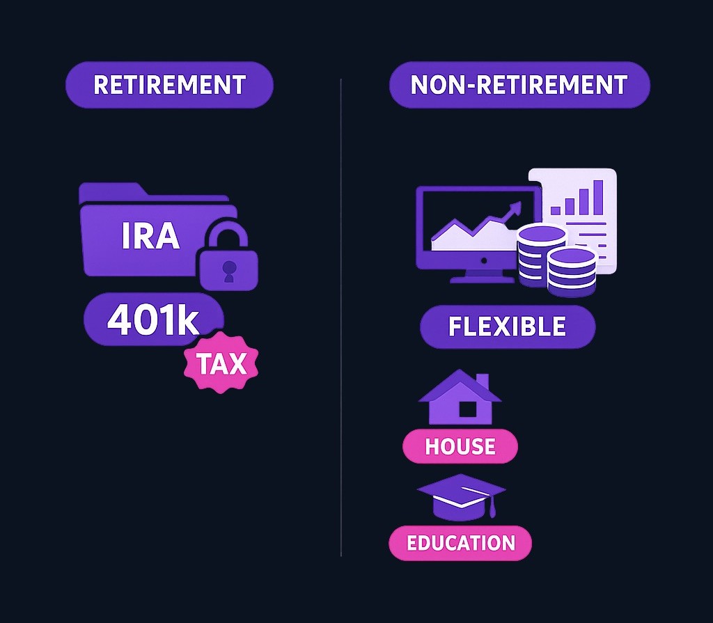 Retirement accounts offer tax advantages and are designed for long-term saving, while non-retirement accounts provide flexibility for other financial goals like buying a home or general wealth building.
