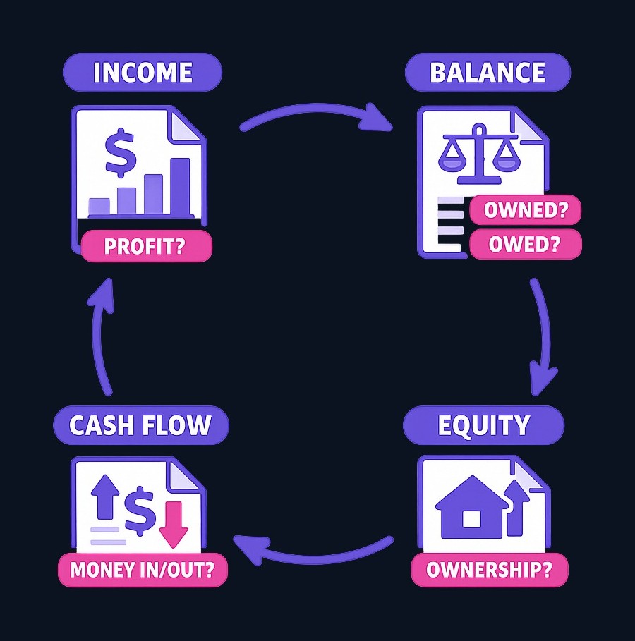 The four main financial statements work together: the income statement tracks profit over time, the balance sheet shows what's owned and owed at a point in time, the cash flow statement reveals actual money movement, and the statement of shareholders' equity tracks ownership changes.