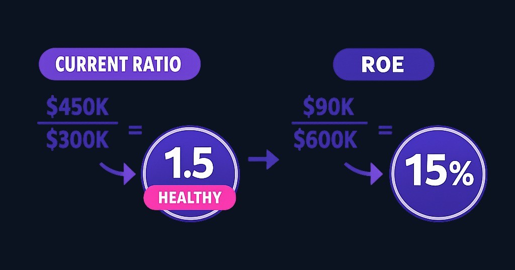 In this example, $450,000 in current assets divided by $300,000 in current liabilities yields a current ratio of 1.5 — inside the healthy range. Similarly, $90,000 net income divided by $600,000 equity produces 15% ROE.