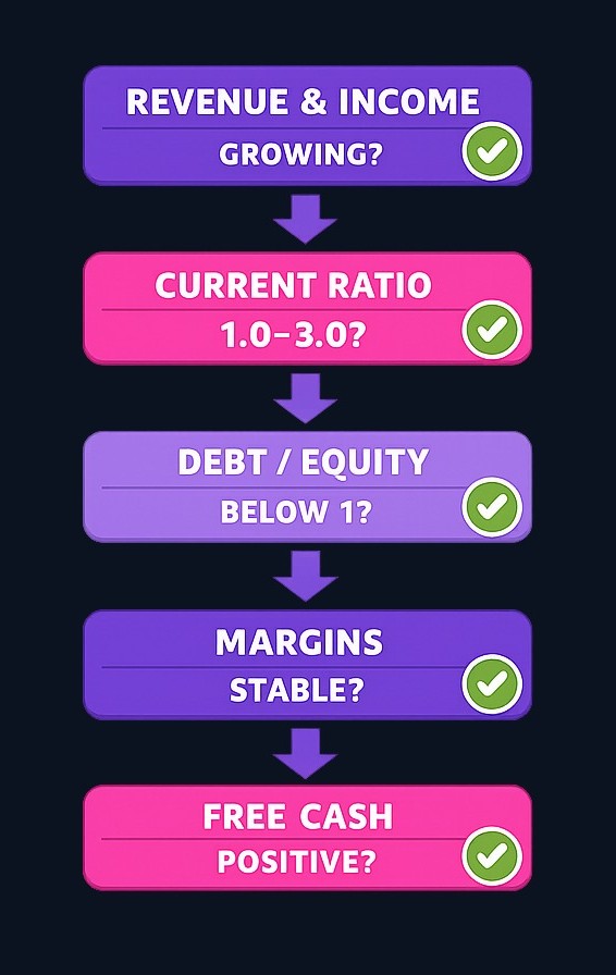 Follow this sequence to evaluate financial health: check revenue and net income growth first, then liquidity ratios, then debt levels, then margin trends, and finally free cash flow. Each step narrows your verdict.