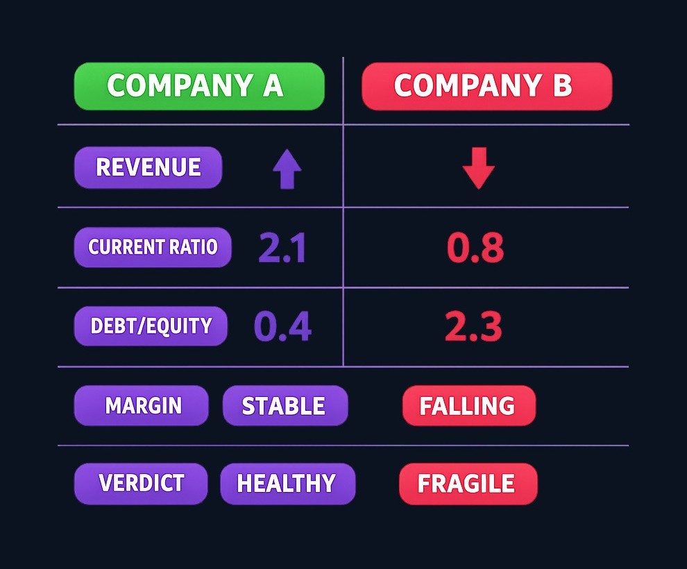 Company A shows consistent growth, strong liquidity, low debt, and stable margins. Company B shows declining revenue, weak liquidity,