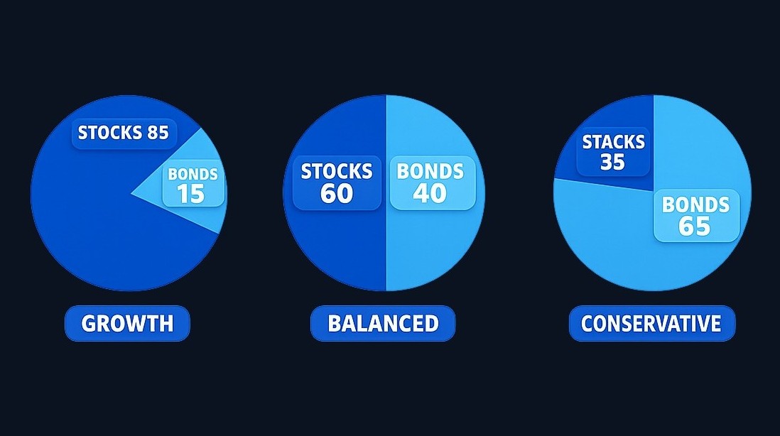 Three common portfolio templates show the risk-return spectrum. Growth portfolios (80–90% stocks) maximize long-term potential with