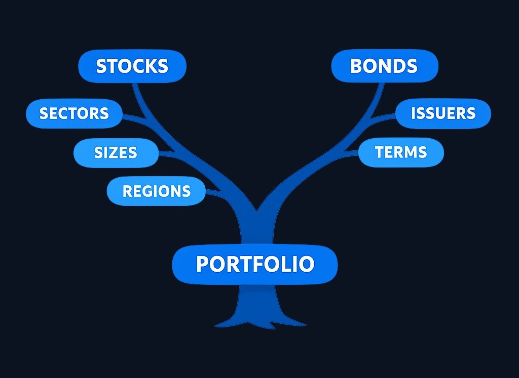 True diversification requires variety within each asset class, not just across them. Within stocks, spread across sectors (tech, healthcare,