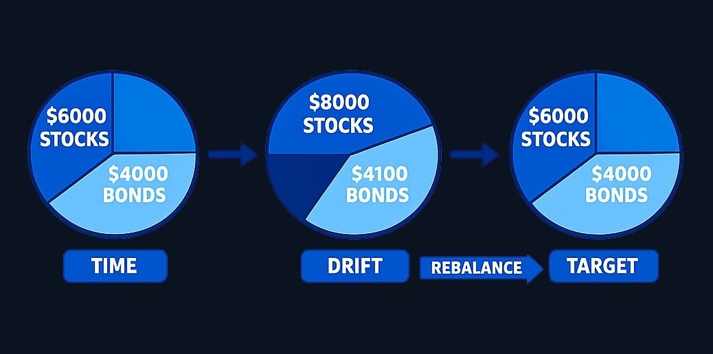 Rebalancing in action: A portfolio starts at the chosen 60/40 mix ($6,000 stocks, $4,000 bonds). After stocks rally, it drifts to 66/34 ($8,000